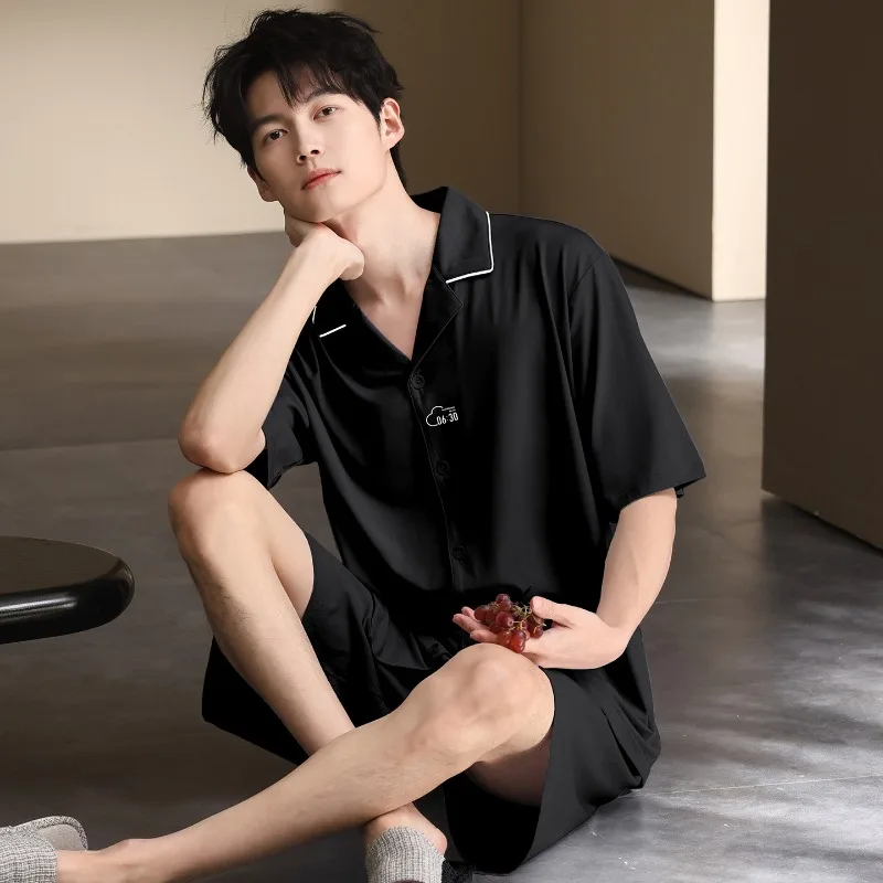 

Plus Size Men Summer Thin Modal Pajamas Solid Short-sleeved Cardigan Tops with Shorts Teen Sleepwear Home Clothes Loungewear