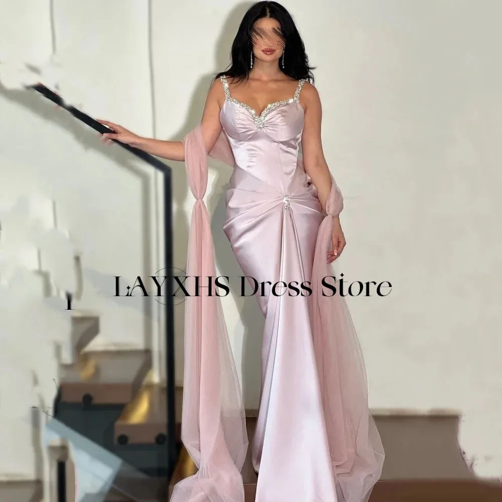 LAYXHS Splendidi abiti da sera con spalline sottili Abiti da ballo con pieghe in rilievo con sirena rosa Abiti personalizzati