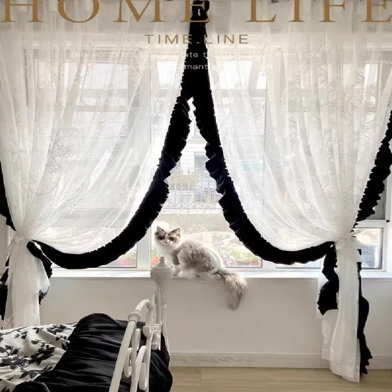 Customizable Black Cashmere Curtains for Living Room Splicing Jacquard French Retro Bedroom Dining Study Romantic Light Luxury C
