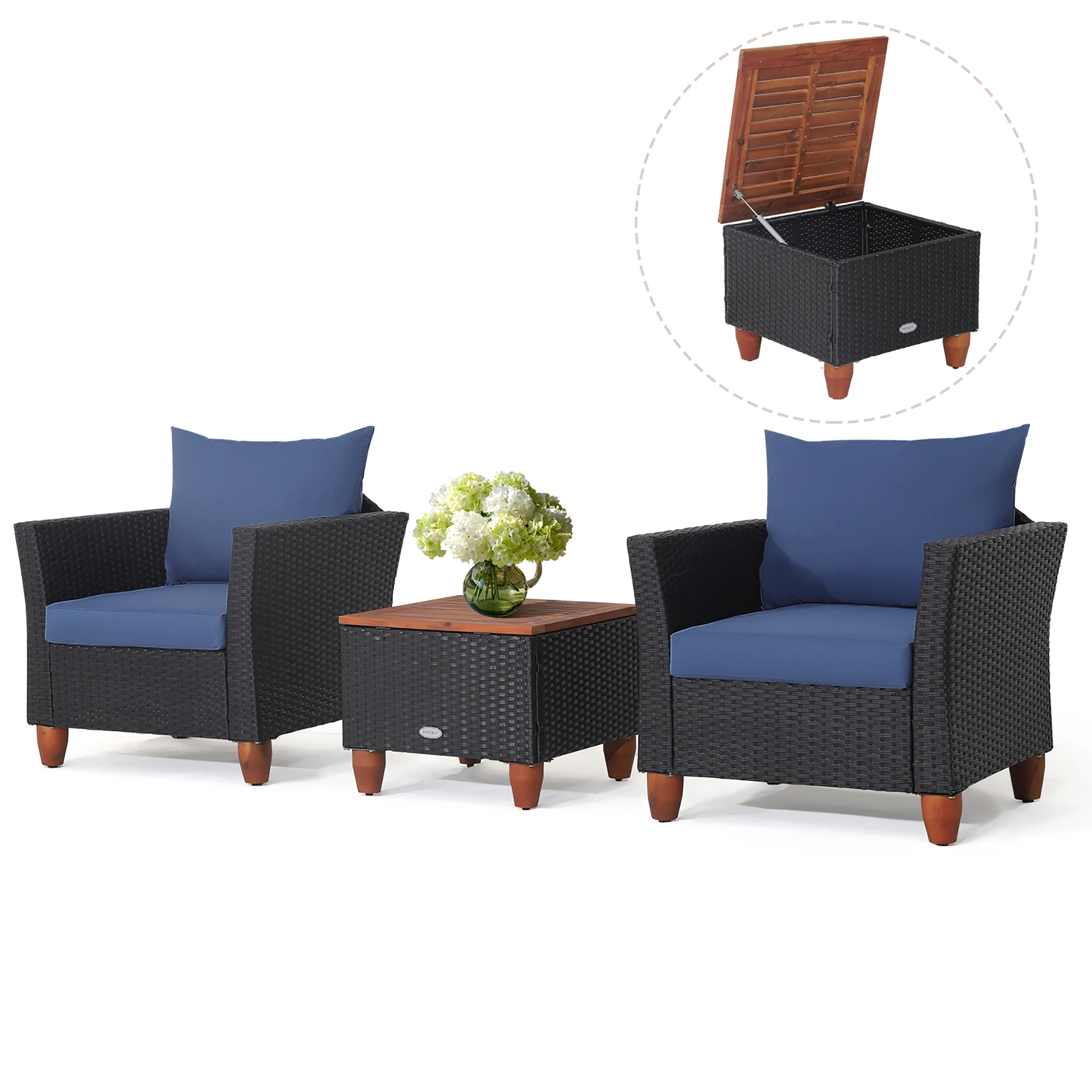 Amortecido Pátio Rattan Móveis Set, Madeira Top, Sofá, Mesa De Armazenamento, Marinha, 3Pcs