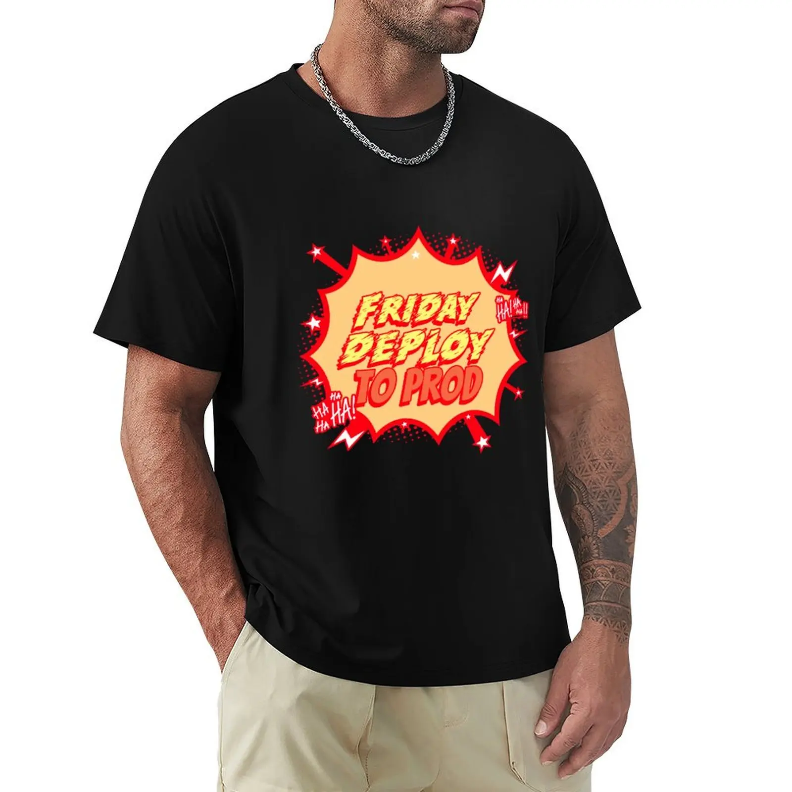 Friday Deploy to Prod - Ha! Ha! Ha! Programmers Humor yellow and dark blue background T-Shirt
