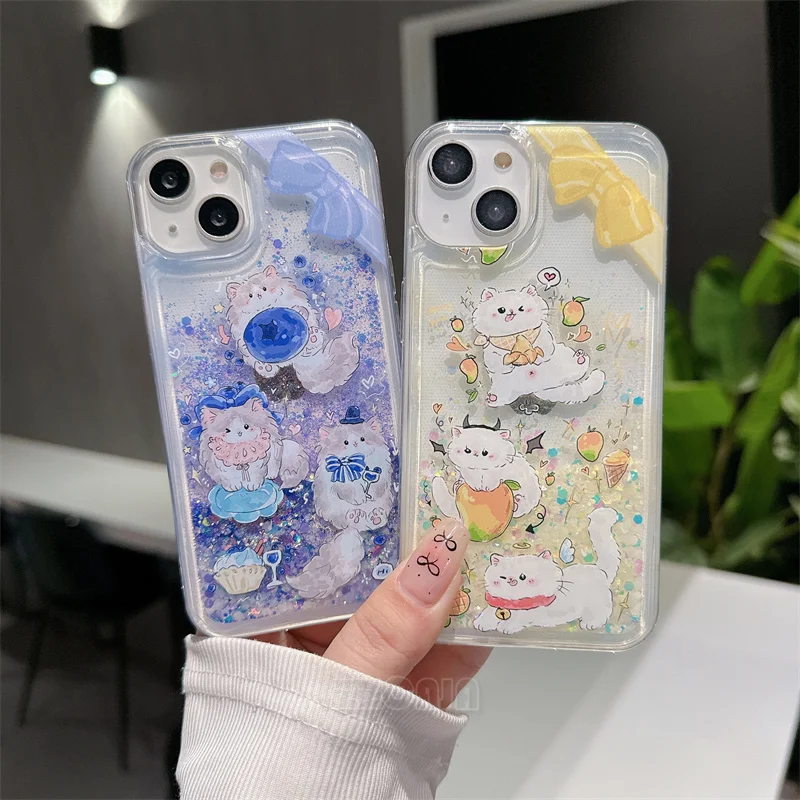 Luminous For iPhone 11 12 13 14 15 Pro Max Cases Cute Blueberry Mango Cat Astronaut Liquid Quicksands Bling Shiny Glitter Covers