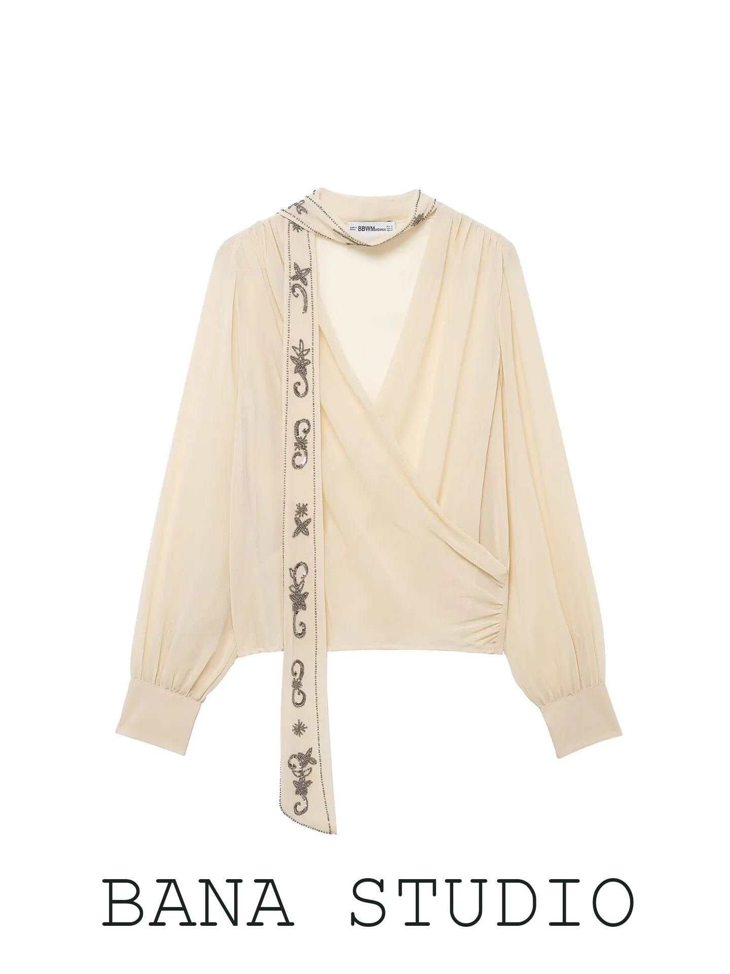

BANA Court Style Long Sleeve V-Neck Women's Shirt with Beads Sash Straight Cut Polyester Spring 2026 New Women's Top
