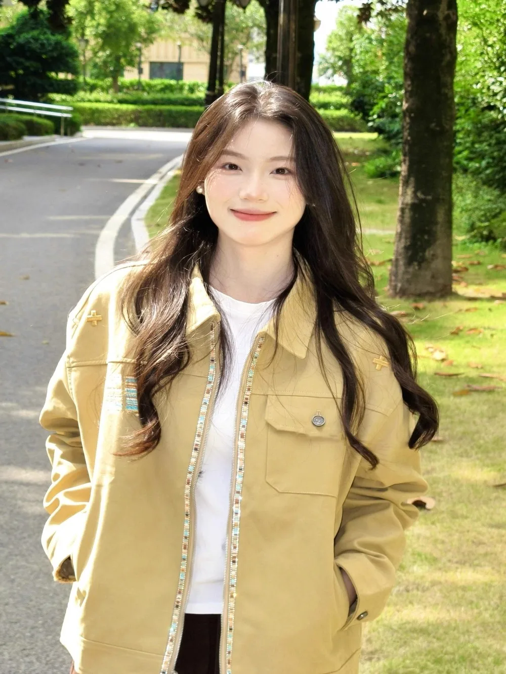 

Chic Early Autumn Baseball Jaet Women's Korean Sle Flip Collar Workwear Coat Warm Loose Fit Long Sve Color