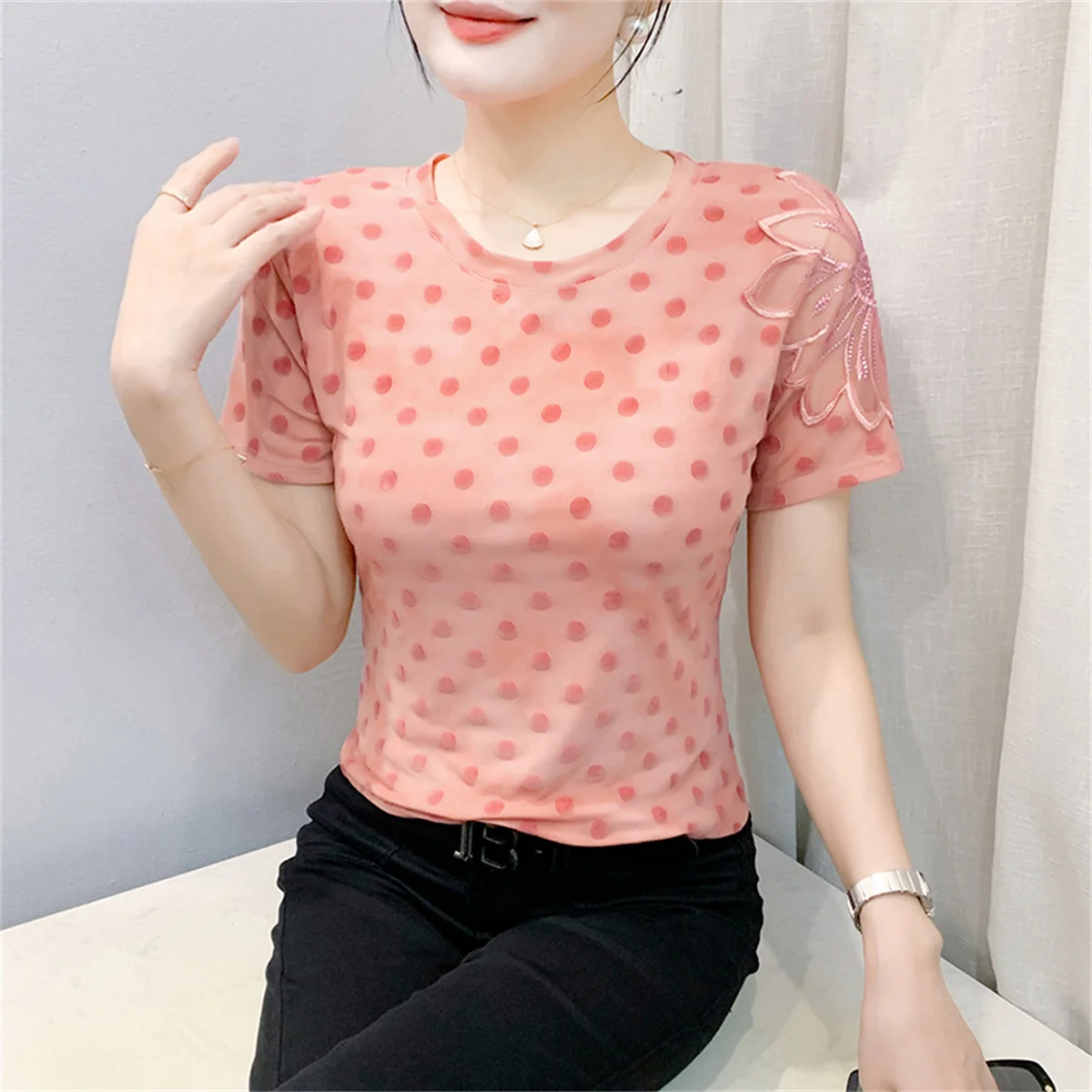 

New Arrivals Summer Chic Polka dot Round neck Mesh Tshirt Casual Short Sleeve Tie-dye Women's Tops Fashion Strecth Slim Tees