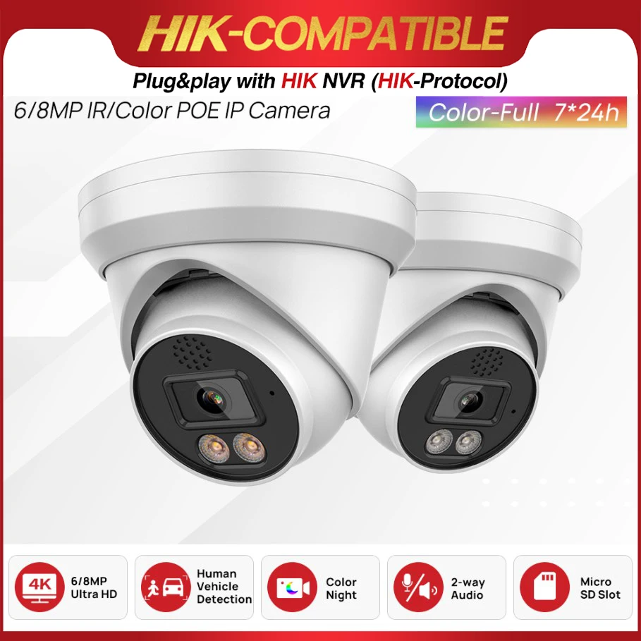  8MP Security Camera 6MP Color Night PoE IR Human Vehicle Detection Built-in Mic Speaker HIK Protocol Video Surveillance