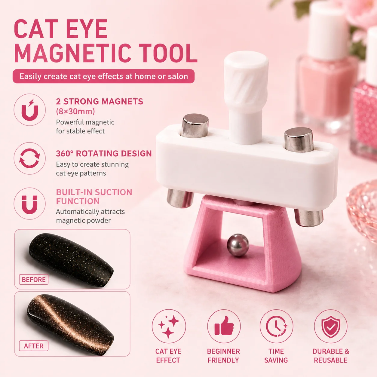 Automatic Glass Bead Cat-Eye Nail Art Tool for Beginners, No Skills Required, Includes 8*30mm Magnets.Rotatable Gyro Magnetic – Detail 2