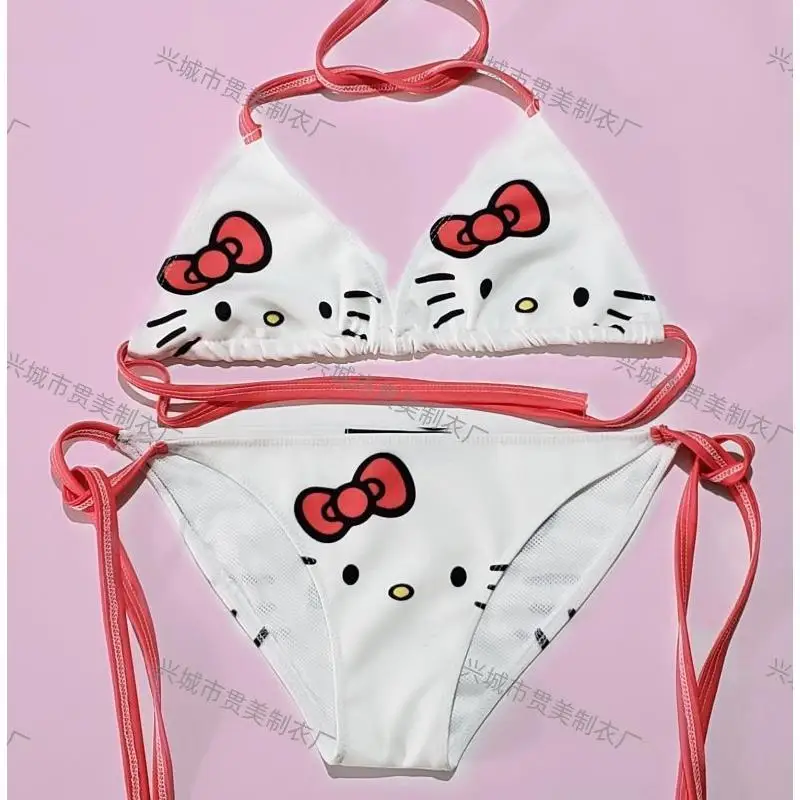 Hot Sanrio Beach Sexy Lace Up with Chest Pad Bikini Kawaii Hello Kitty Cartoon Cute Spa Split Swimsuit Fashion Underwear Set Kit