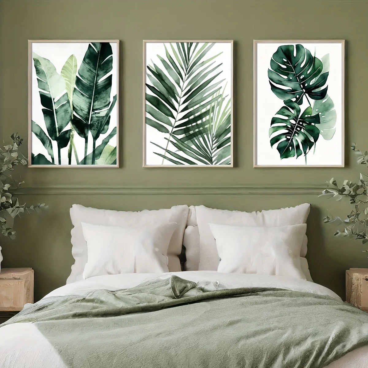 3PCS Frameless,3pcs/set Green Palm & Monstera Leaf Canvas Printing Tropical Plant Watercolor Wall Art Poster for Modern Living R