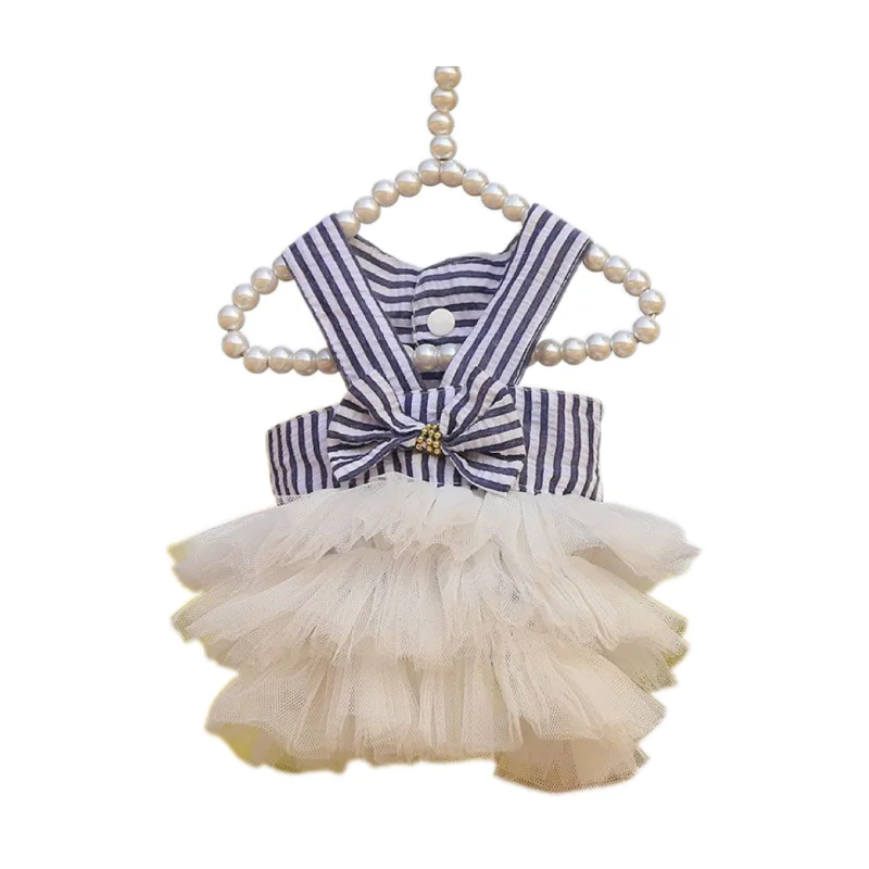 Dog Princess Dresses Puppy Bow Knot Dress Pet Tutu Skirt Striped Mesh Puppy Dog Princess Summer Dresses for Small Medium Cat