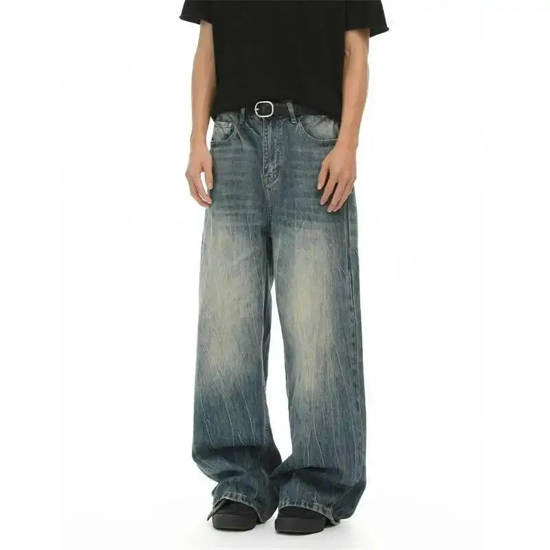 Men's Cleanfit WideLeg Jeans With Drape Effect Lightning Cracks Fashion Distressed Washed Blue Denim Long Pants 000A