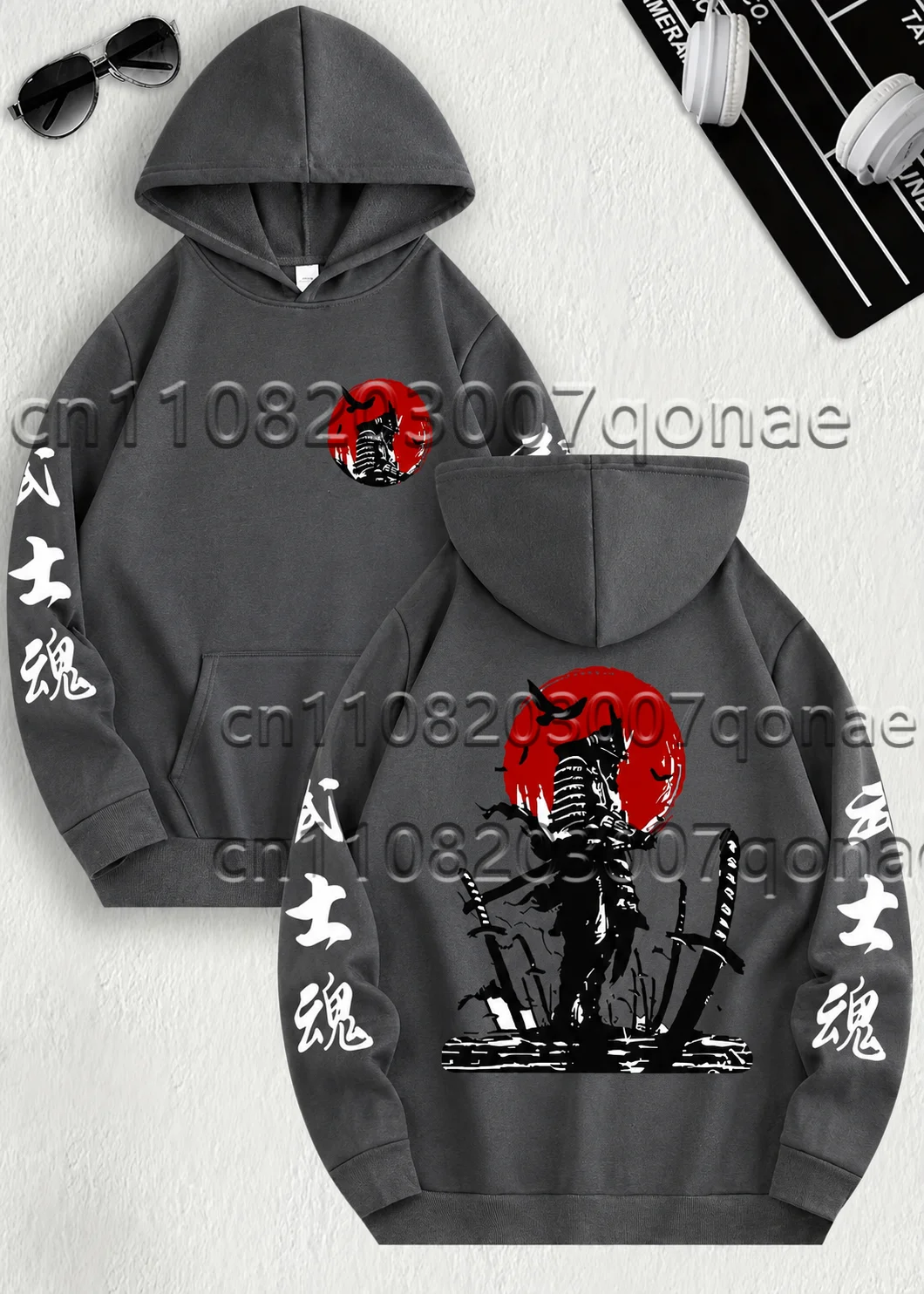 2026 Hot Sales Men Bushido Samurai Design Pattern Oversized Hoodie Long Sleeve Vertical Kanji Pink Fall Winter Street Sweatshirt