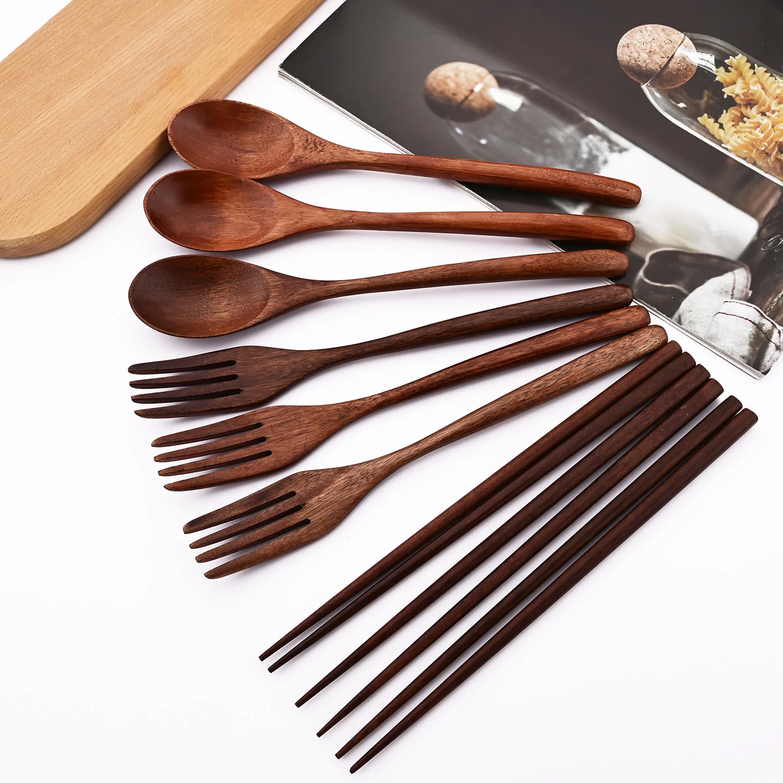 

6/9/12/18Pcs Wooden Spoon Fork Chopsticks Set Eco-friendly Tableware Japanese Flatware Portable Salad Fork Kitchen Accessories