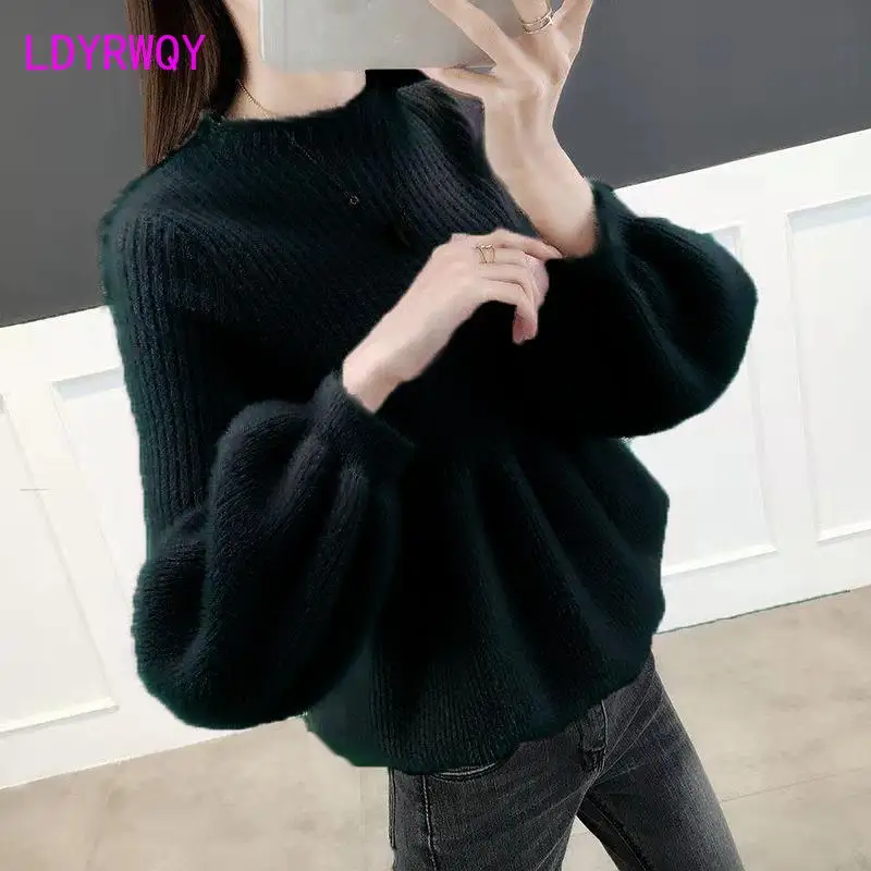 Sweater longgar wanita, Luaran musim semi baru 2023 bulu Mink kerah setengah tinggi Pullover lengan lentera tebal