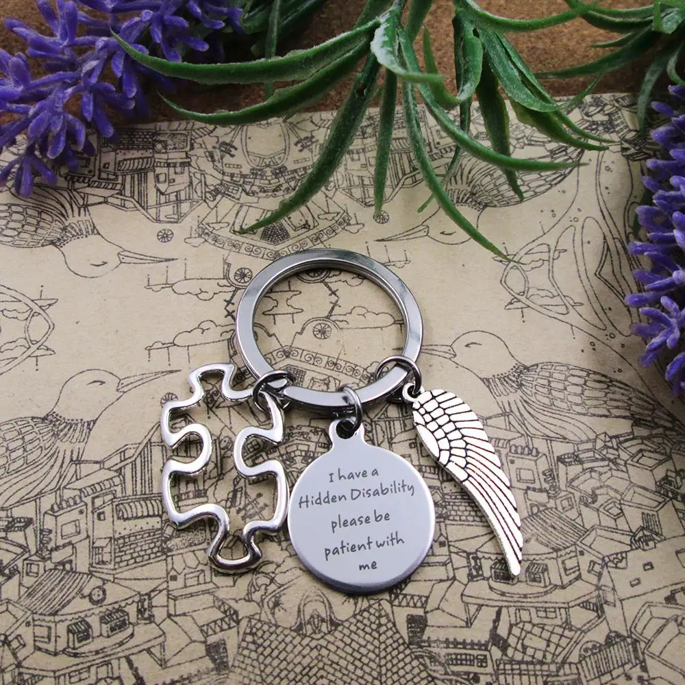 stainless steel  Keyring wing I have a hidden disability Puzzle Piece Autism Awareness keychain mother friend birthday gjft