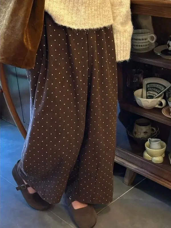 plus Size 300 Pounds Polka Dot Corduroy Wide Leg Pants Women's Casual Loose Slimming Versatile Spring Autumn High Waist Elast...