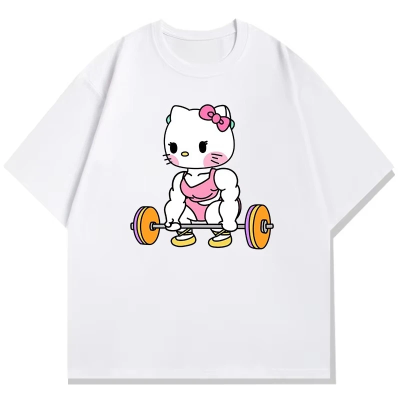 

MINISO Hello Kitty Pink Muscle Cartoon Printed Short Sleeve Summer Cotton T-shirt Flower Women Plus Size Shirt Casual Harajuku