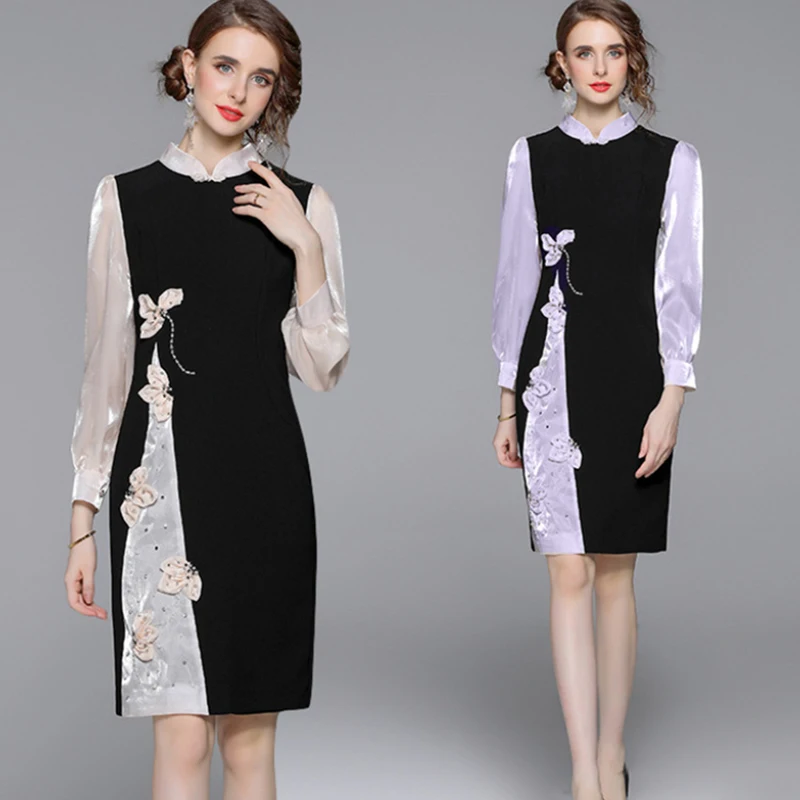 2023 Spring Summer New Standing Collar Long Sleeve Contrast Panel 3D Flower Studded Princess Style Dress