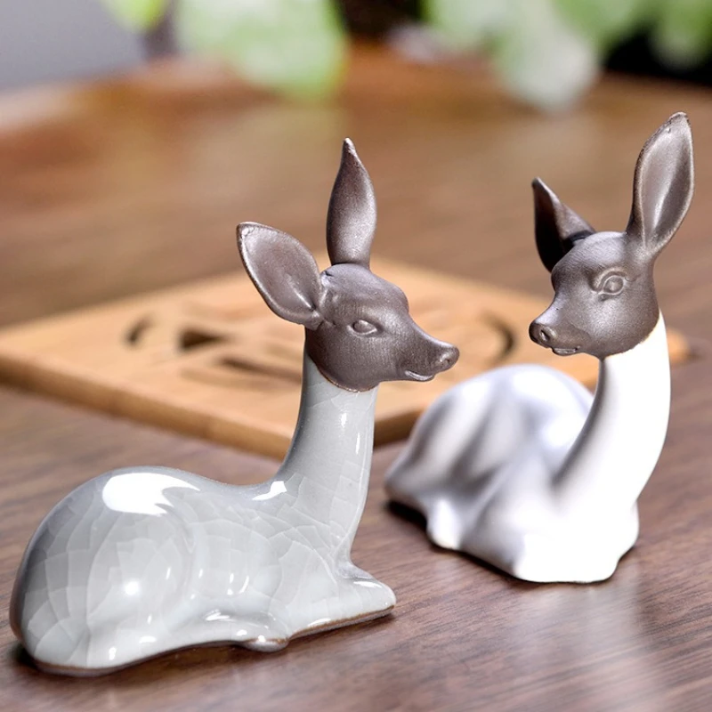 Small Ceramic Deer Tea Pets Purple Sand Tea Table Ornaments Household Tearoom Ge Kiln Ru Kiln Decoration  Kawaii Accessories