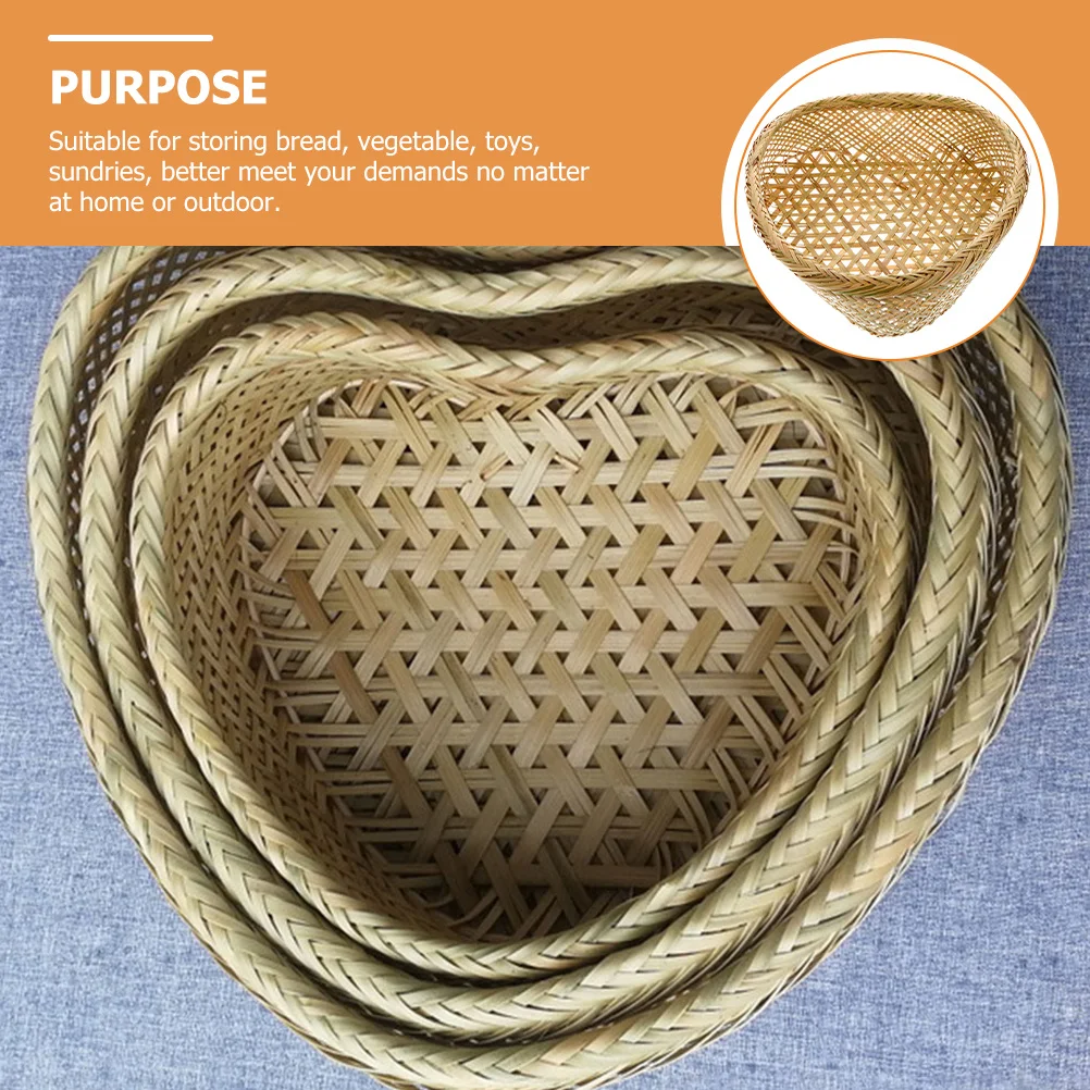 

1pcs Heart-Shaped Bamboo Basket Handmade Woven Storage Container For Kitchen Bread Vegetables Fruits Picnic Sundries Organizer