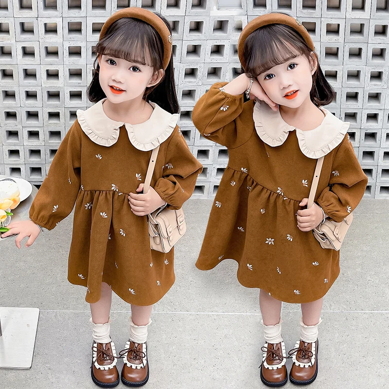 New Spring And Autumn Girls\' Dresses Long Sleeve Puffed Sleeve Square Collar Flower Embroidery Sweet Full Of Printed Edge Pleats