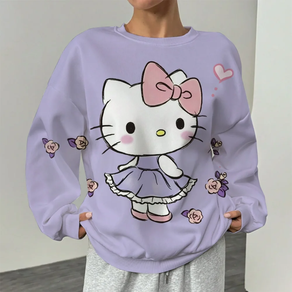 Cute Hello Kitty Women’S Hoodies Autumn Fashions Cartoon O-Neck Long Sleeve Pullovers Casual Oversize Tops 2025 MINISO Clothing