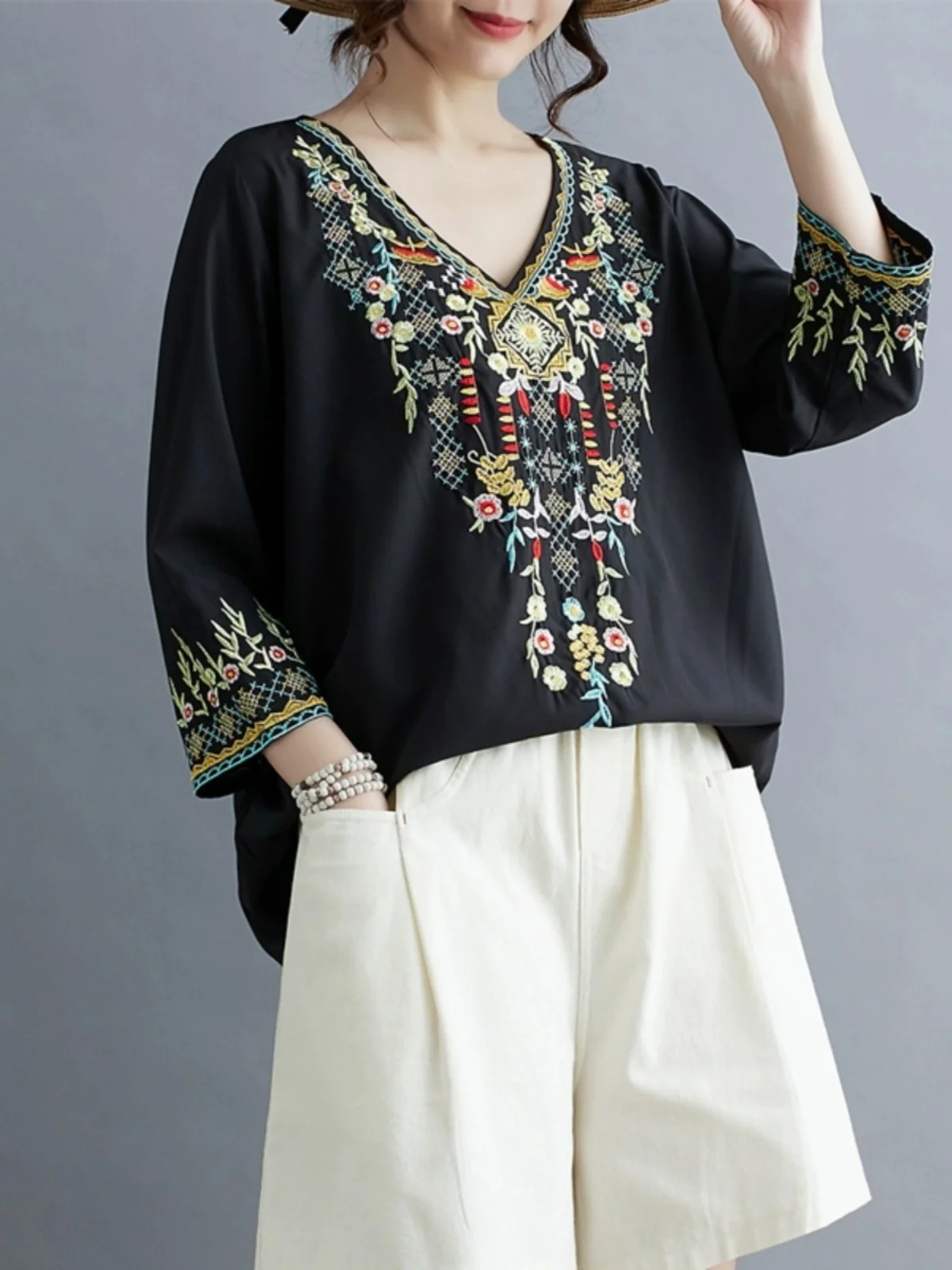 

Свободный женский топ с вышивкой V-Ne, винтажный этнический топ с цветочным принтом, летний повседневный женский топ Tagl