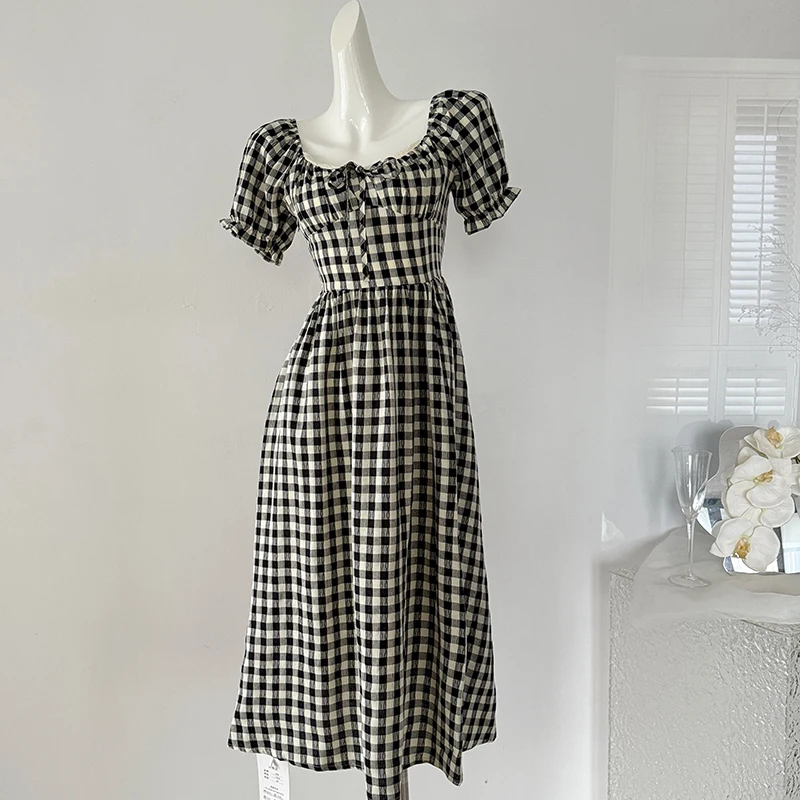 Fashion Classic Black And White Plaid Dress Women's Summer New 2024 Clothing Retro Holiday Puff Sleeves Long Dresses