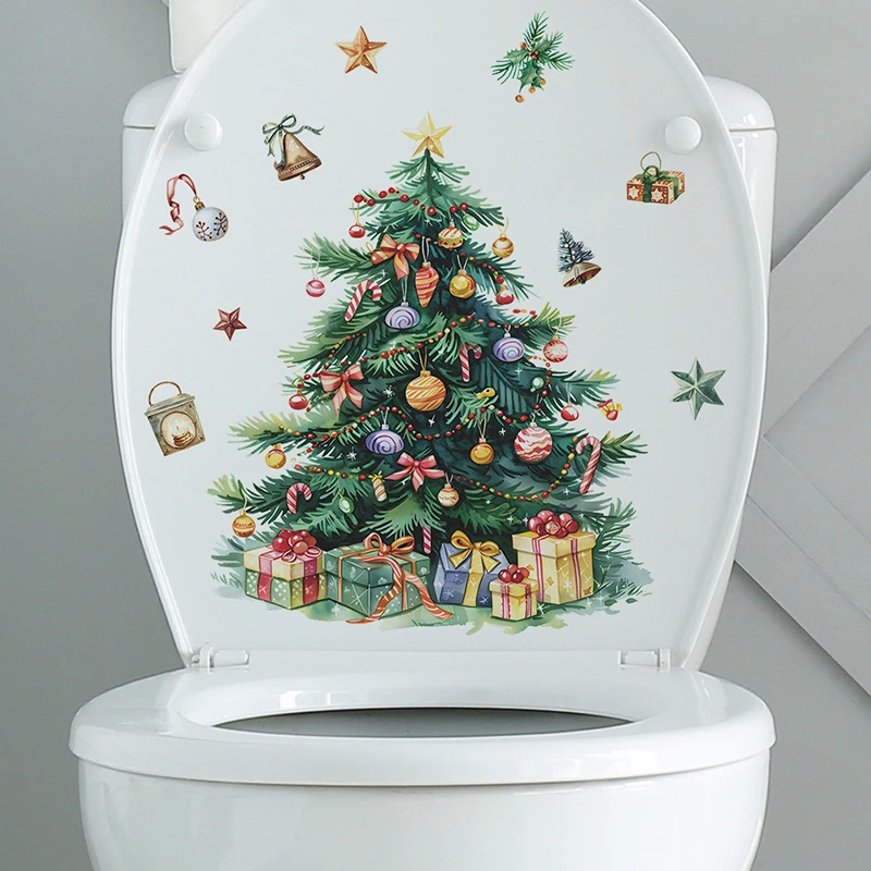 1PC Christmas Tree Snowman Toilet Stickers Self-adhesive Waterproof Door  Bathroom Glass Wall Decals Wallpaper DecorWindow