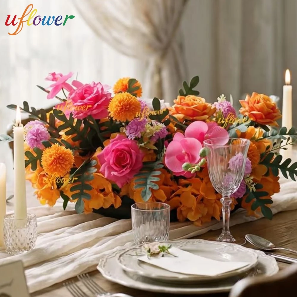 

Table Centerpiece Decor Artificial Flowers Rose Red Hydrangea Orange Rose Artificial Flowers Row Wedding Backdrop Decor Props