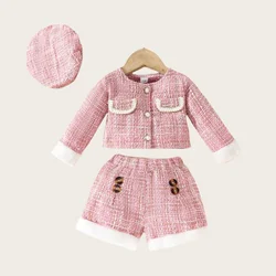 2024 Autumn Kids Outdoor Clothes Cute Plush Selvedge Plaid Long Sleeve Blouse Solid color Short Pants with Beret Baby Girls Sets