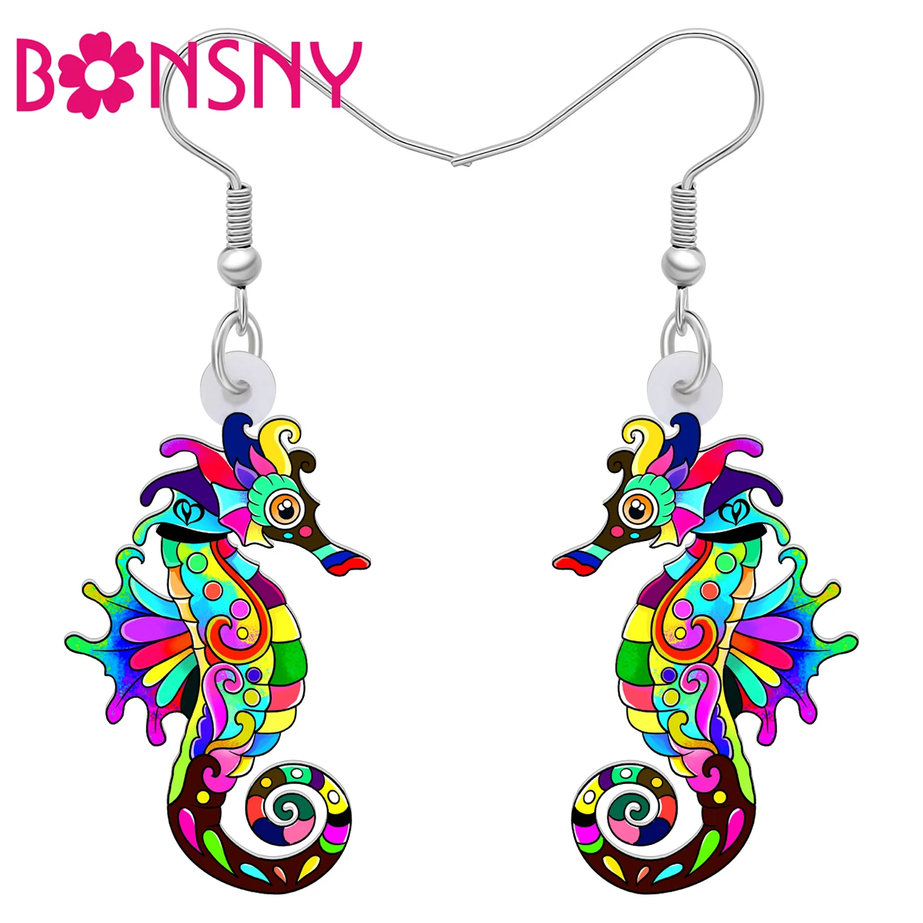 Bonsny Acrylic Colorful Novelty Hippocampus Earrings Animals Seahorse Dangle Drop Decorations Charms For Women Girls Kids Gifts