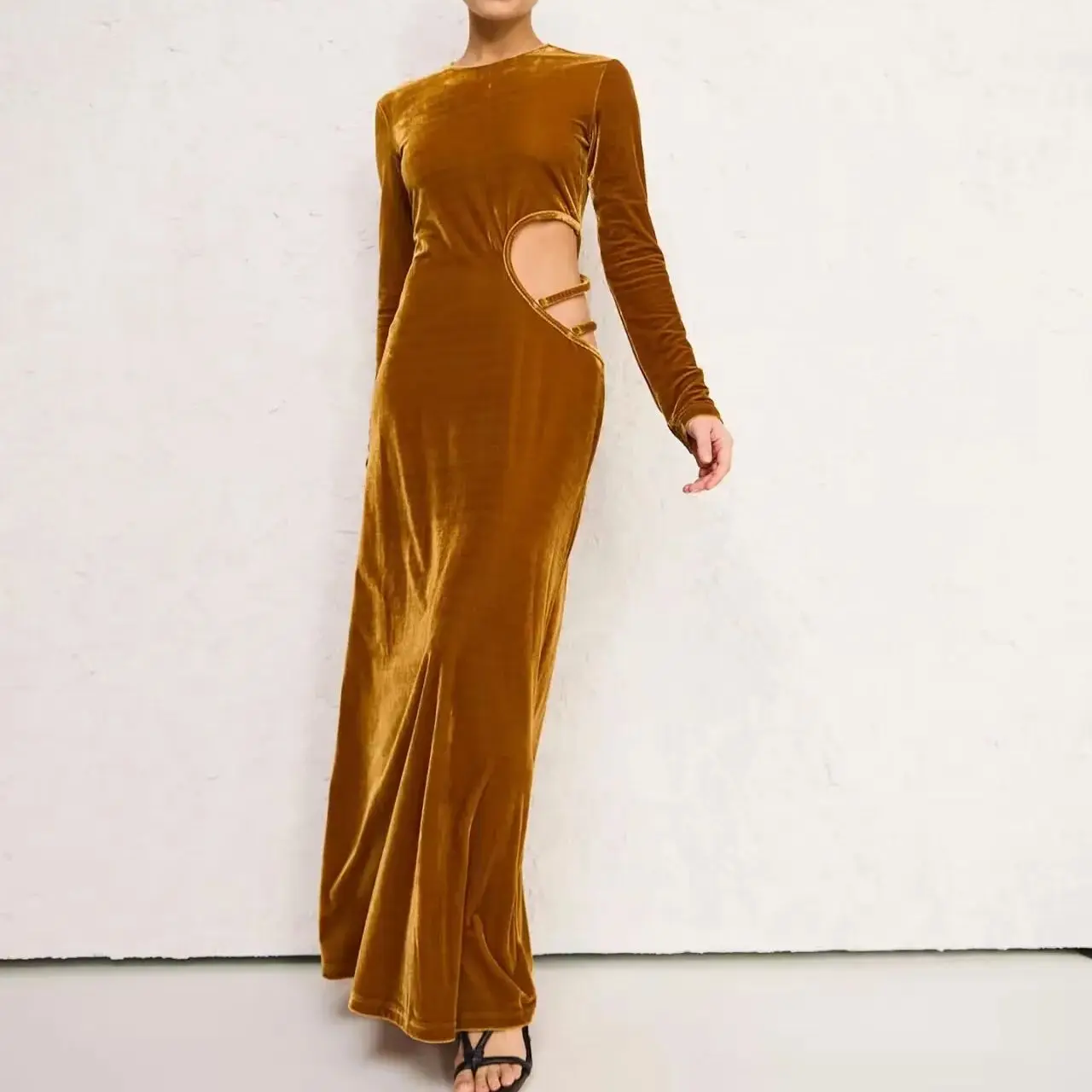 

Women's Velvet midi dress waist hollow fashion dress