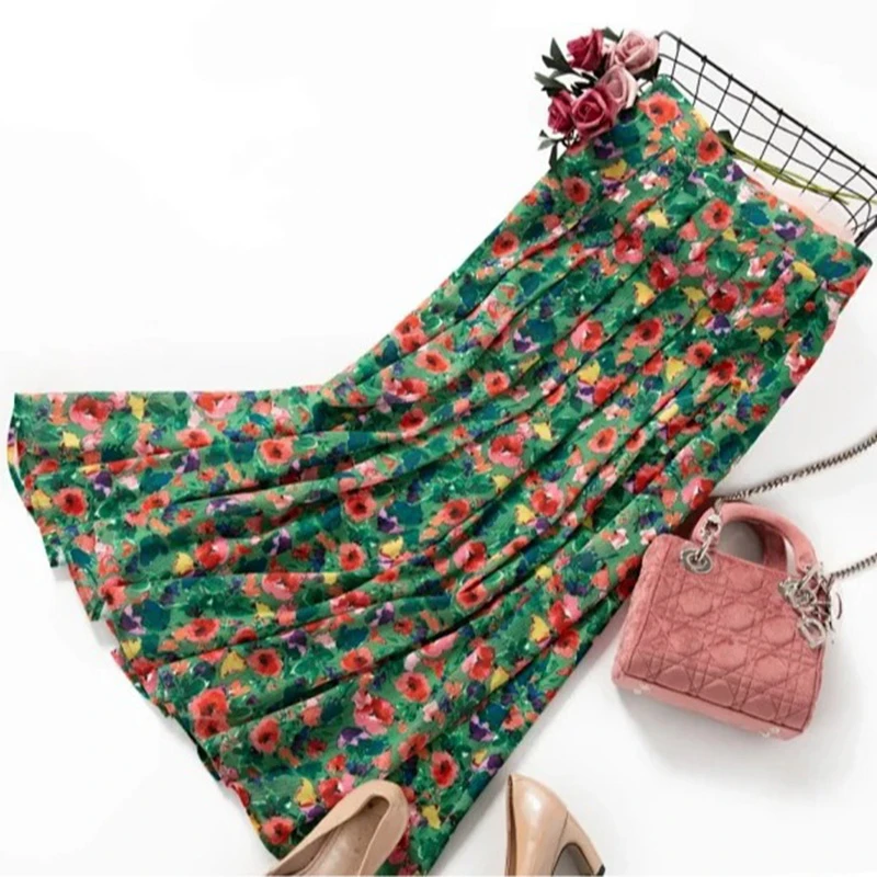 European Style 25 New Arrival Summer Women Loose Casual Floral A-line Split Design Skirt Vintage Print Ankle-length Skirts Y107