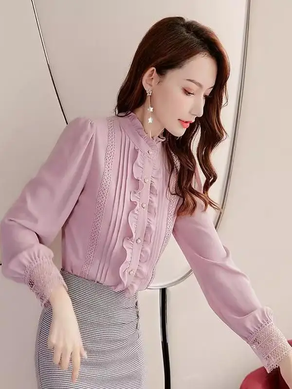 Mary Autumn New Sle 2025 Chiffon irt Stand Collar Wooden  Trim Slimming Ele Super Faion Korean Versatile Top Fairy