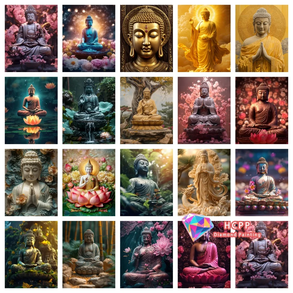 Modernes Religiöses Klassisches Goldenes Buddha-Lotus-Porträt Diamant-Malerei-Set Quadratische Runde Diamanten 5D DIY Mosaik Handgemachtes Kunstgeschenk