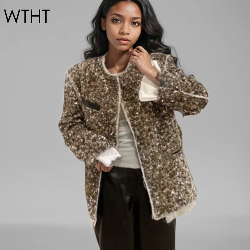 

WTHT 2024 Autumn Fashion Women's Golden Sequins Patchwork Design Blazer Coat Long Sleeves Loose Jacket Female 1LS250