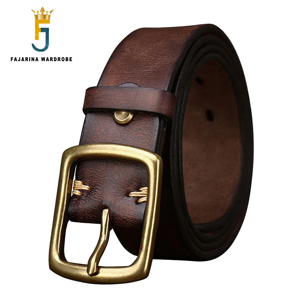 

FAJARINA Men's Top Quality Head Layer Cow Skin Leather Brass Buckle Metal Belts for Men