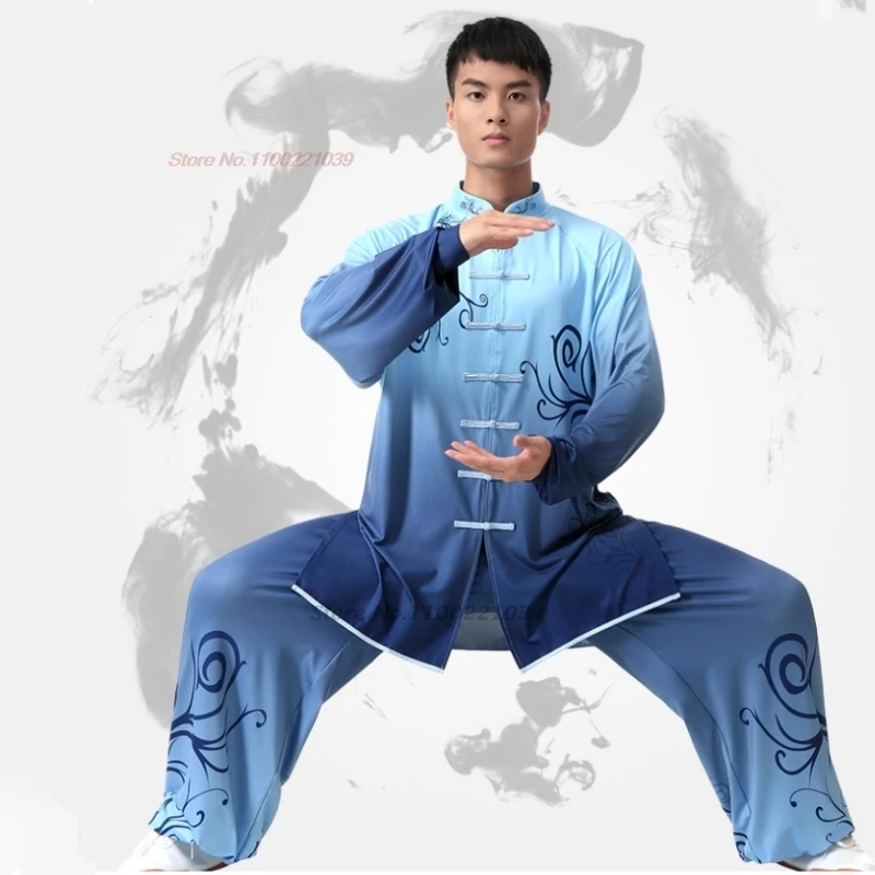 2024 chinese tai chi uniform gradient color flower print martial arts training exercise clothing wingchun wushu kungfu uniform