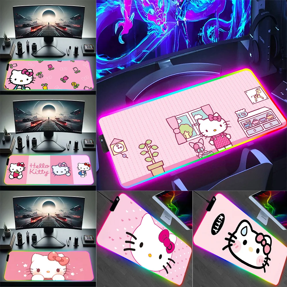 

Cute pink Hellos Kitty RGB Pc Gamer Keyboard Mouse Pad Mousepad LED Glowing Mouse Mats Rubber Gaming Computer Mausepad