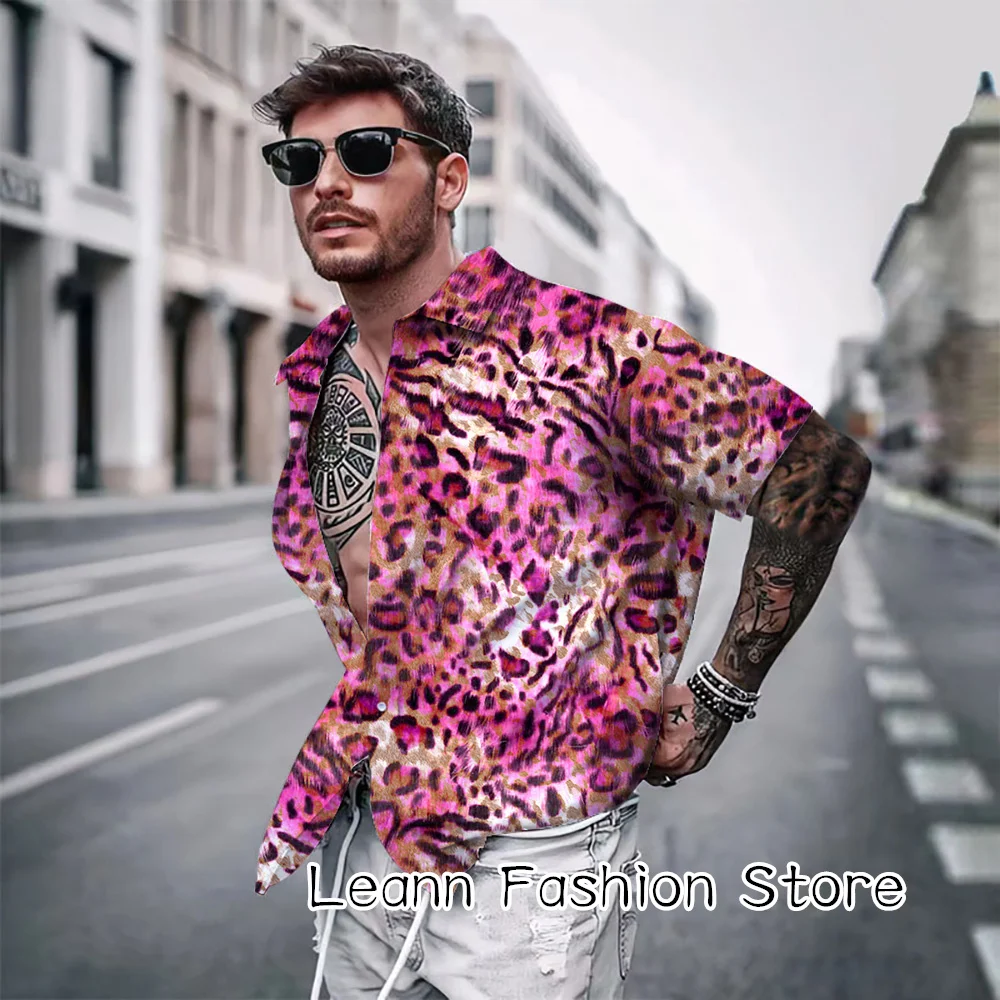 Men Summer Colorful Leopard Shirt Male Fashion Daily Short Sleeve Clothing Luxury Streetwear Casual Hawaiian Vacation Shirt