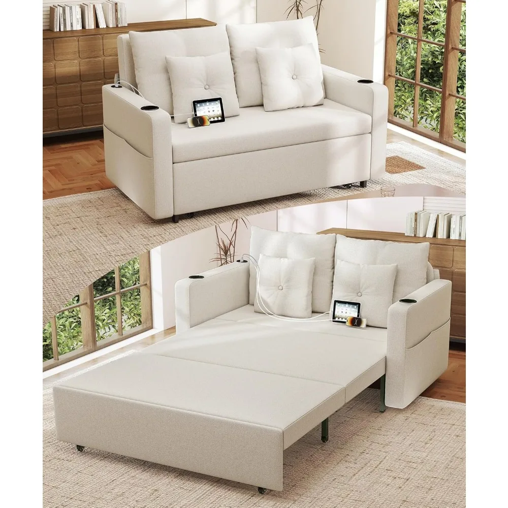 

3 in 1 Pull Out Couch, 56 Inch Convertible Sleeper Sofa Bed, Loveseat with Cup Holders, Storage Pockets, USB, Sofa Couches for L