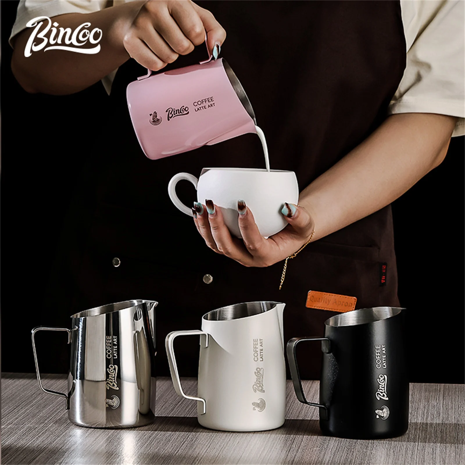 

Bincoo Espresso Milk Frother Jug 420ml Food Grade Stainless Steel with Precision Tilted Spout for Perfect Latte Art Creations