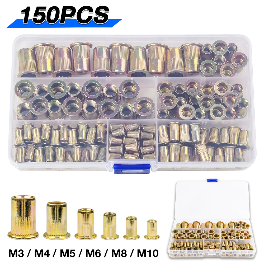 

150PCS Boxed Rivet Nut Set, Carbon Steel, M3 M4 M5 M6 M8 M10 Flat Head Rivet Nut Set, Multi-Size Insert Rivet Nuts For Hardware