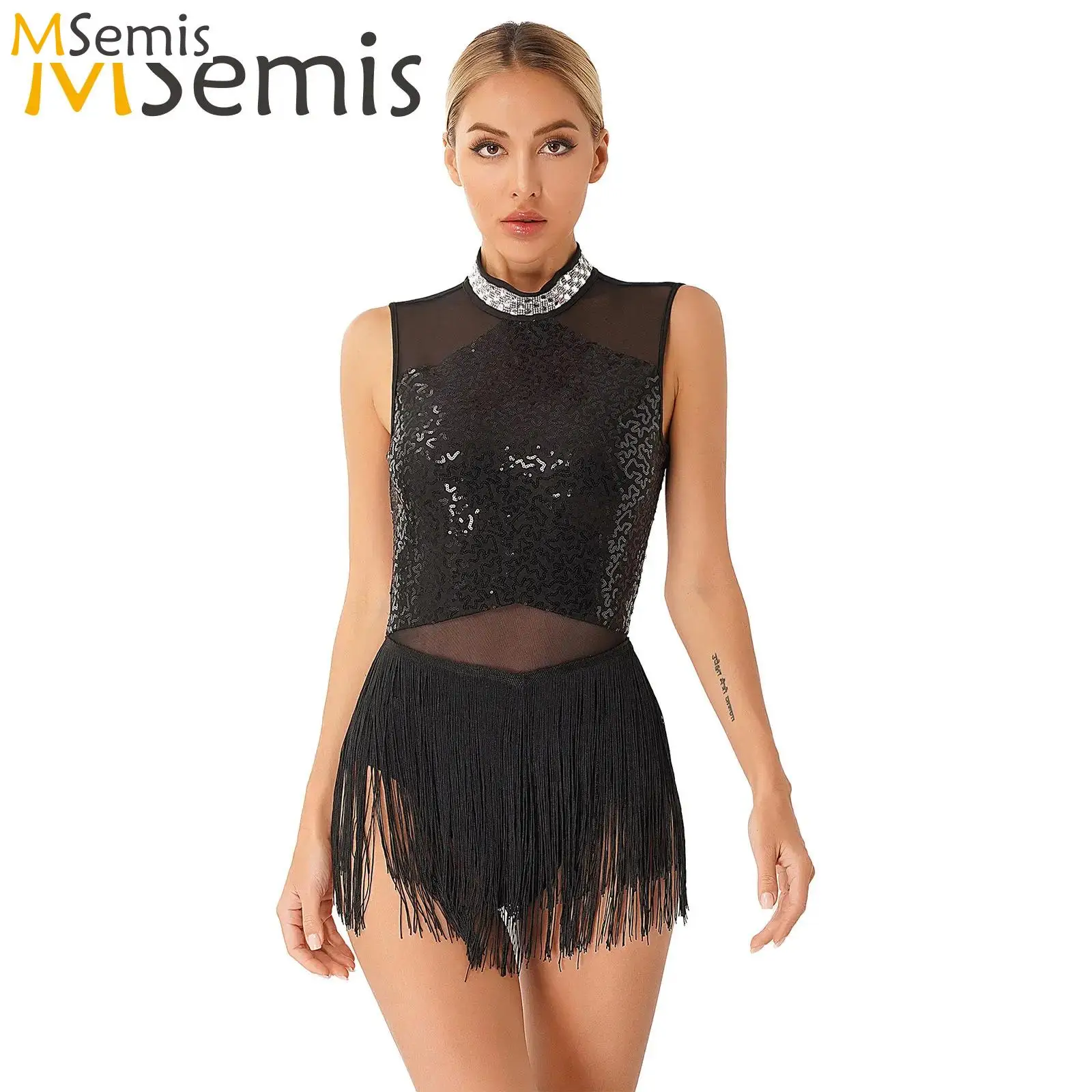 

Womens Glittery Sequined Latin Dance Dress Rhinestone Fringed Leotard Mesh Ballet Tango Rumba Cha-Cha Samba Performance Costume