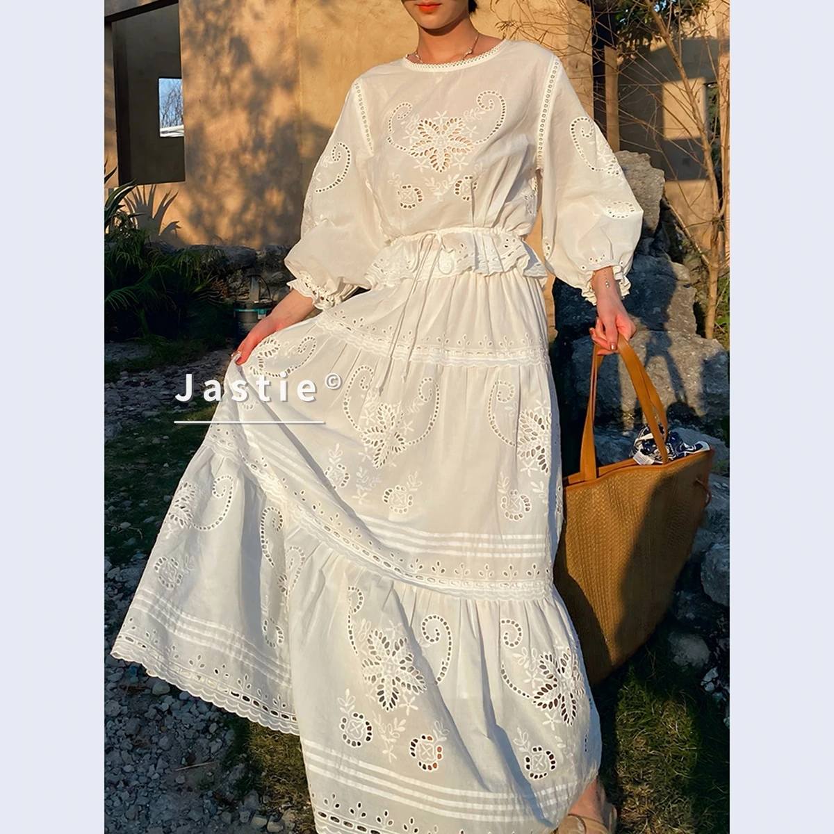 

French Vintage White Lace Maxi Dress Women Elegant Eyelet Embroidery Ruffle Two Piece Set Chic Summer Vacation Beach Robe 2026