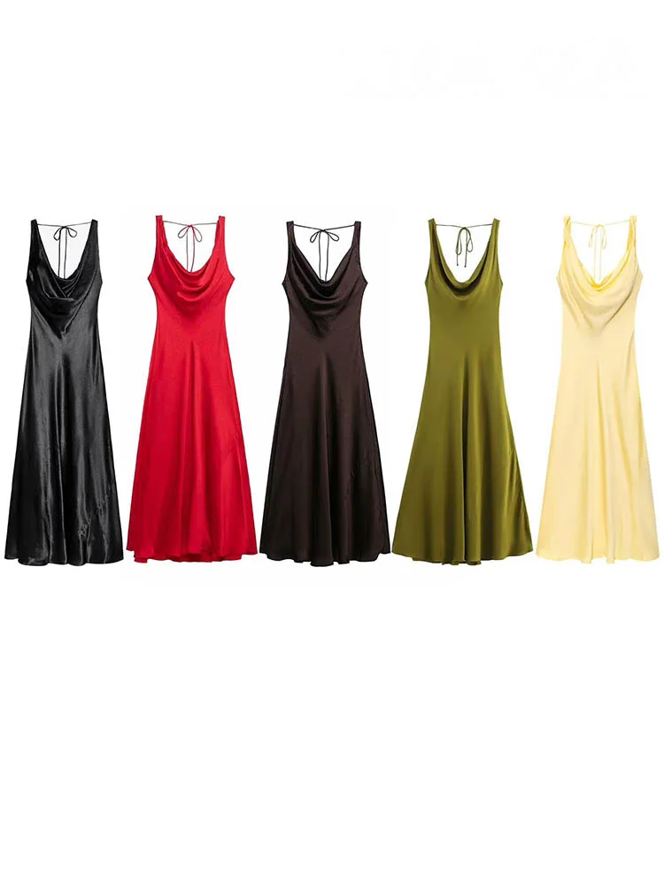 HH レディース 無地 バケーションスタイル サテン風 バックレス Vネック ミディ丈ワンピース 夏 女性 エレガント セクシー レースアップ ストラップドレス