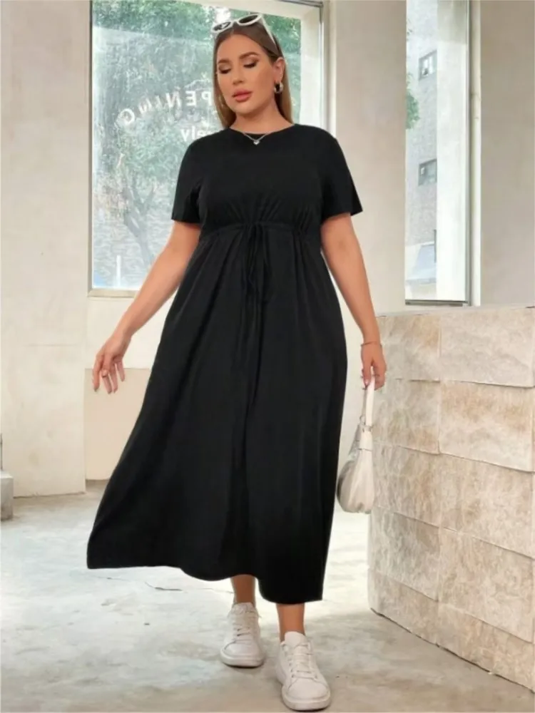 Plus Size Summer Short Sleeve A-Line Long Dress Women Slim Waist Fashion Ruffle Pleated Loose Ladies Dresses Casual Woman Dress