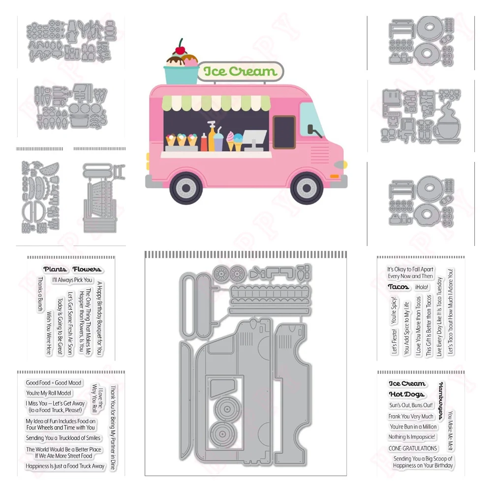 Troqueles de corte de Metal para camión de comida, café y Donuts, sellos de silicona para álbum de recortes, tarjeta para hacer papel artesanal, suministros para manualidades en relieve 2024