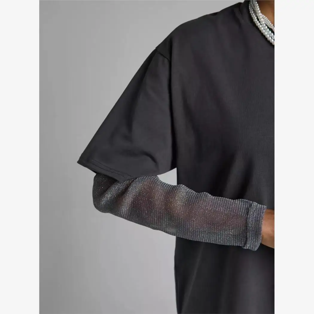 New Spliced Mesh Sleeve Loose T-Shirt Bright Thread Street Style Long Sleeve round Neck Mid-Length Pure Color Women's Top